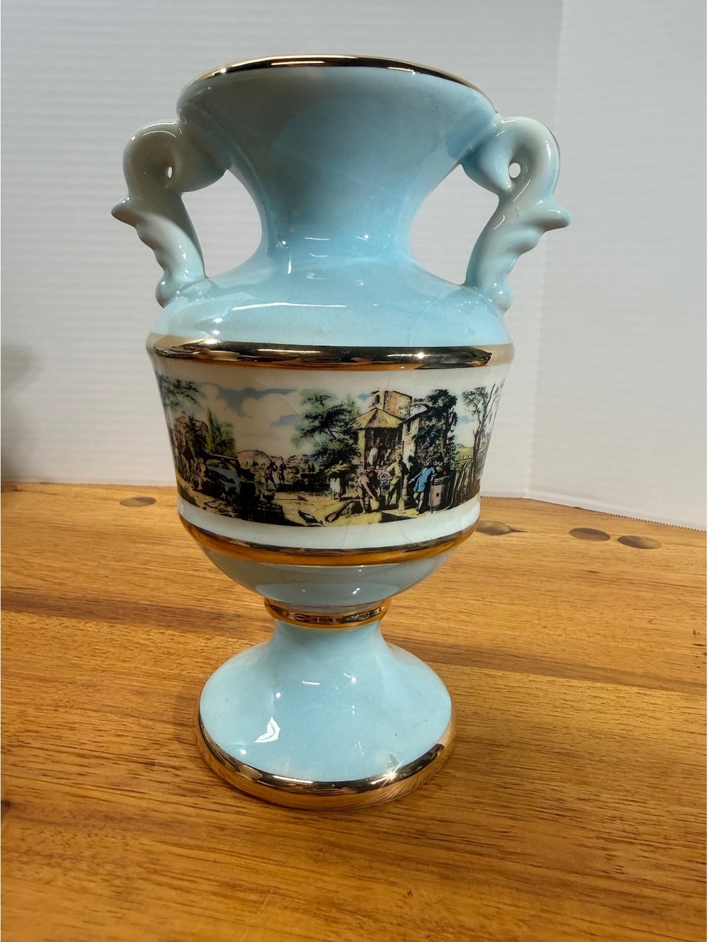 Ceramica Le Torri Italy Vintage Blue Porcelain Urn Vase Two Handles Gold Trim